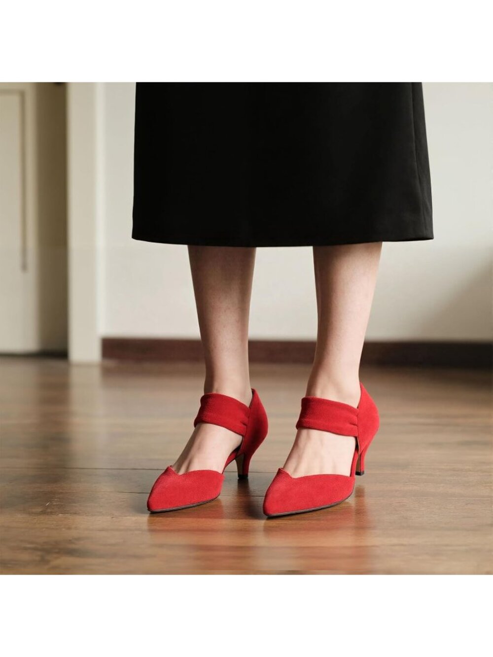 〽️Women's Red Suede Low Kitten Heels Closed Pointed Slip On Ankle Strap Shoes